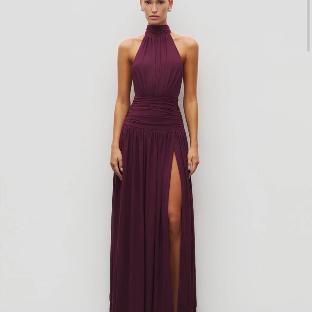 Ruched High-Neck Maxi Dress in Plum